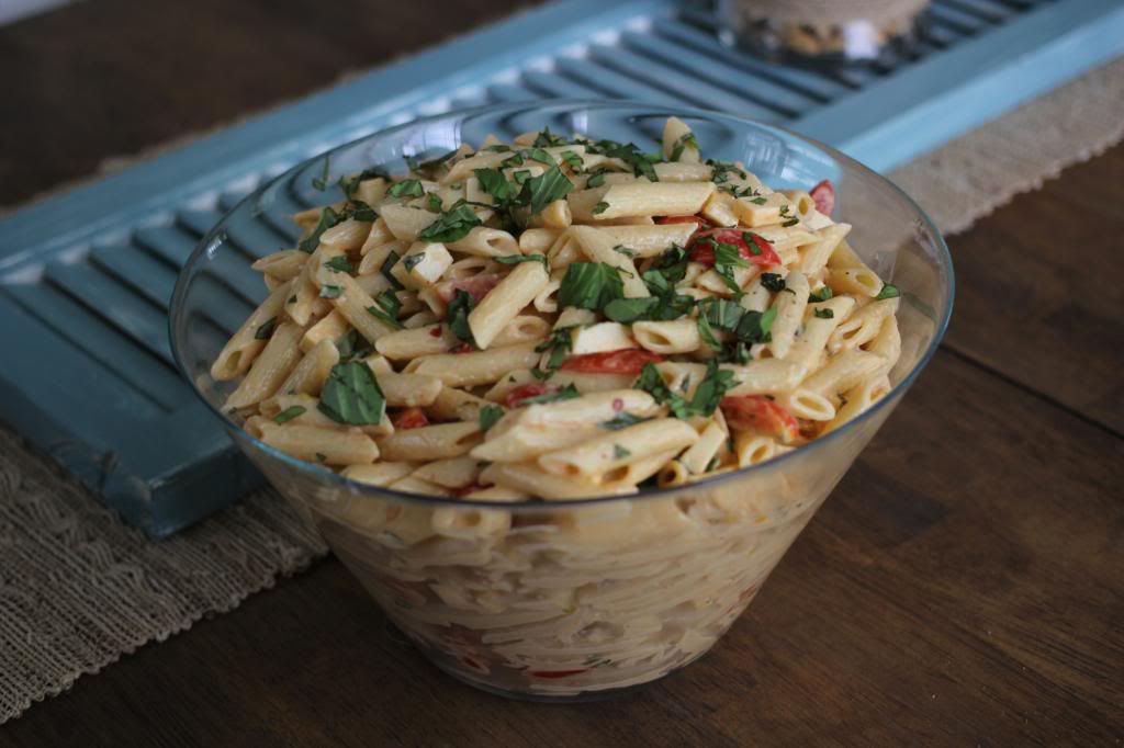 spicy pasta salad with smoked gouda tomatoes basil
