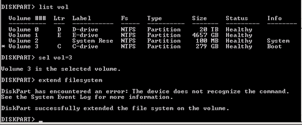 DiskPart has encountered an error: The device does not recognize the command. See the System Event Log for more information.