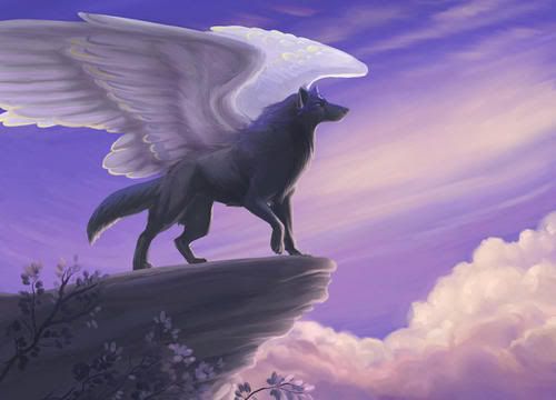 black anime wolf with wings. appearance; A large lack wolf