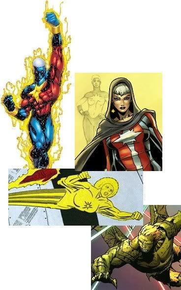 De cima para baixo: Genis-Vell; Phyla-Vell; Monica Rambeau; e Hulkling