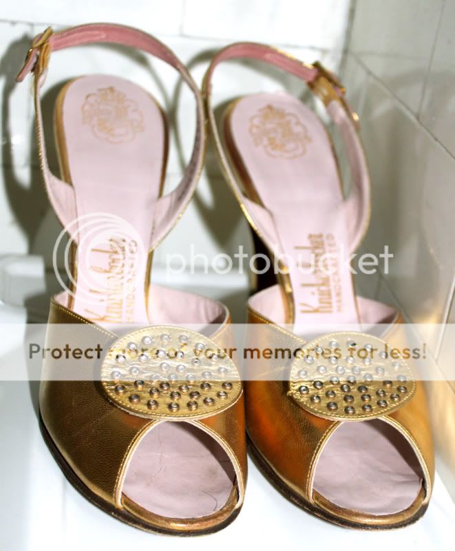 Knickerbocker Vintage 1950s Gold Rhinestone Slingback Peep Toe Heels 