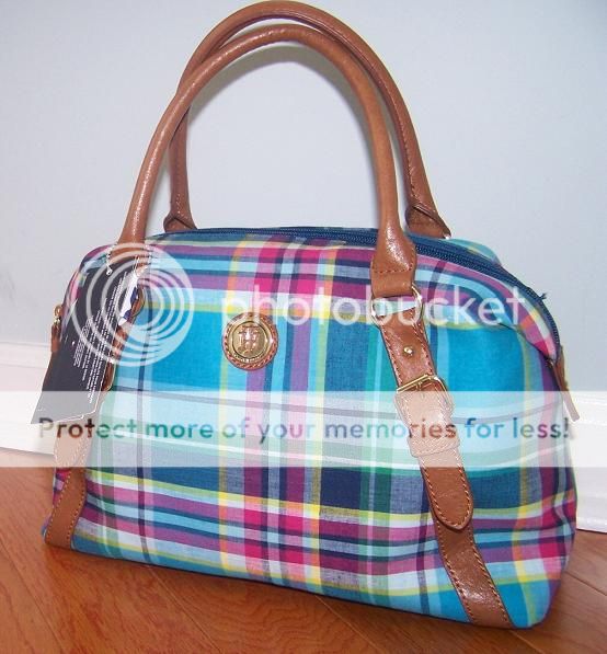 Tommy Hilfiger Turquoise Blue Red Yellow Plaid Womens Bowler Bag Handbag Satchel